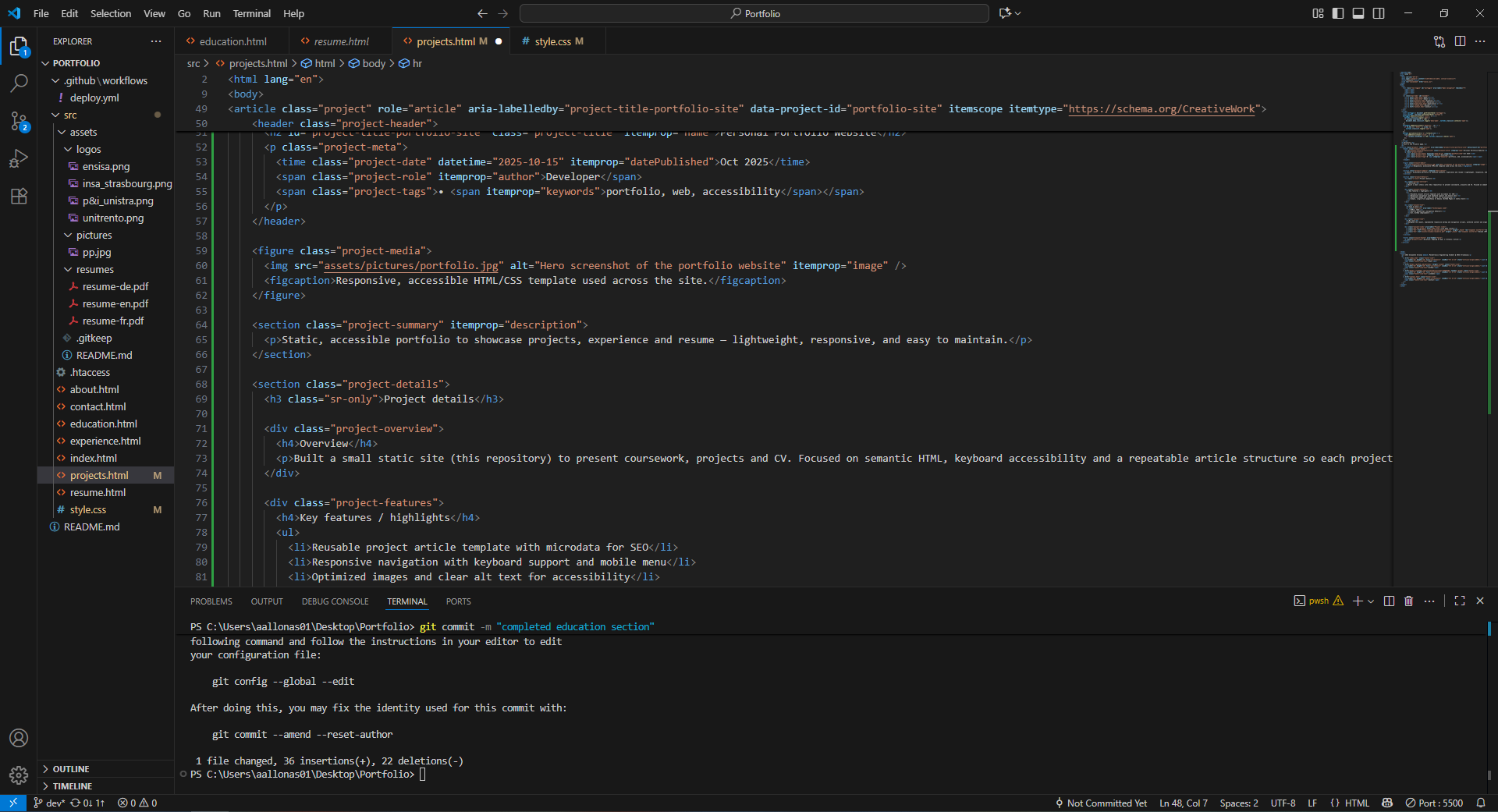 screenshot of the portfolio website code editor